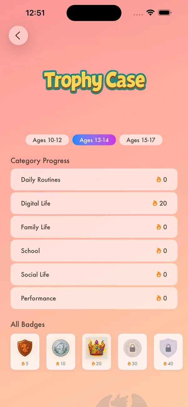 Trophy case with badges and dragon rewards